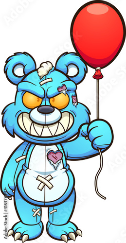 Evil blue teddy bear holding a red balloon. Vector clip art illustration. All on a single layer.
