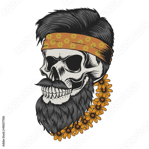 Skull beard mustache flower vector illustration
