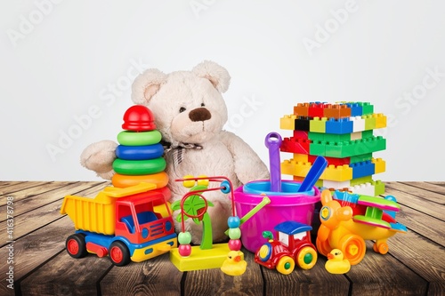 Many colorful toys collection on the desk