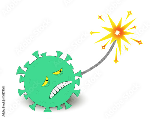 Corona-Virus als Bombe kurz vor explodieren,
Corona Stop Verbreitung mit Impfung,
Vektor Illustration isoliert auf weißem Hintergrund
