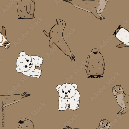 Vector seamless pattern of Penguin, king penguin chick, fur seal, polar bear cub, small Common seal. Set of isolated brown cartoon outline cute sea and ocean animals for kids book, prints for clothes.