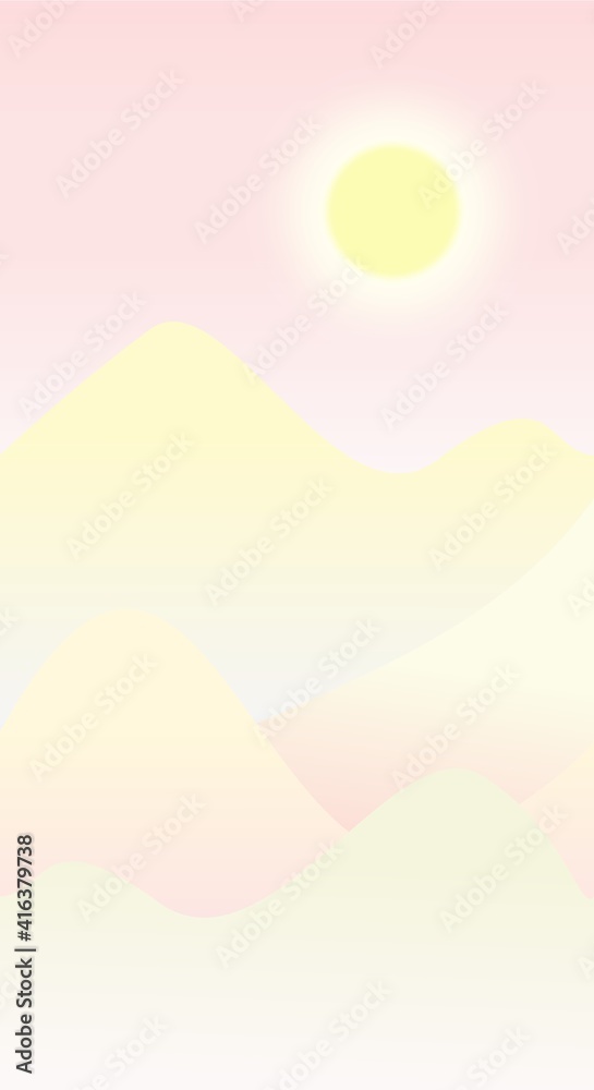 Mountain landscape illustration in flat style with design hill and smoke in noon view. Aesthetic  nature background. Banner template for mobile phone screen saver theme, lock screen and wallpaper. 