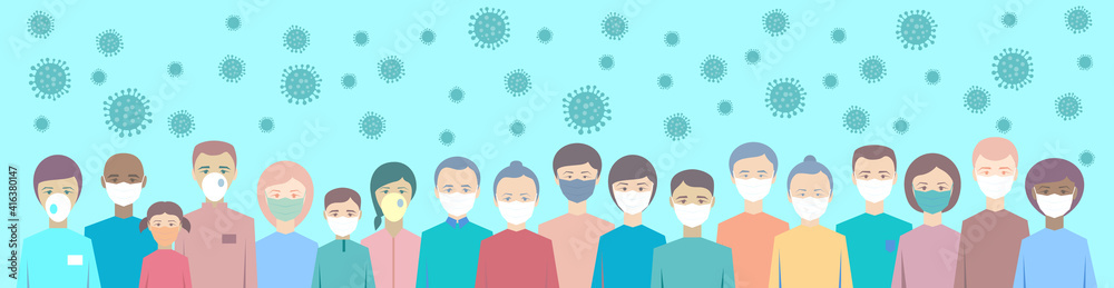 Novel coronavirus (2019-nCoV). People in white medical face masks. Concept of coronavirus quarantine. Coronavirus bacteria cell icon. Bright illustration in flat design. Novel coronavirus (2019-nCoV). People in white medical face masks. Concept of coronavirus quarantine. Coronavirus bacteria cell icon. Bright illustration in flat design.