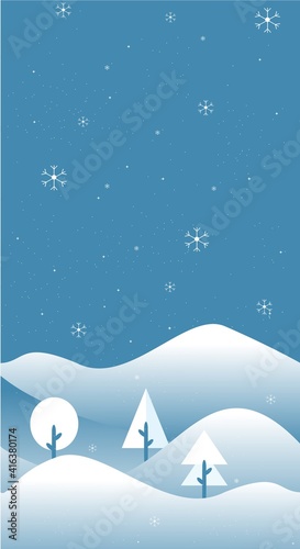 Winter landscape illustration in flat style with design snow and tree in noon view. Aesthetic winter season background. Banner template for mobile phone screen saver theme, lock screen and wallpaper. 