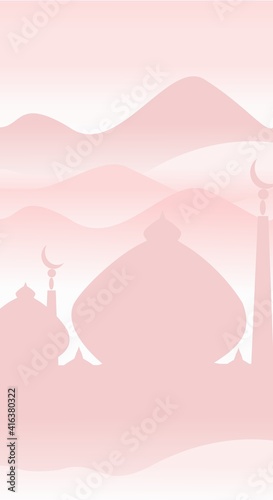 Islamic vector illustration in flat style with design mosque. Aesthetic and natural landscape background. Banner template for mobile phone screen saver theme, lock screen and wallpaper. 