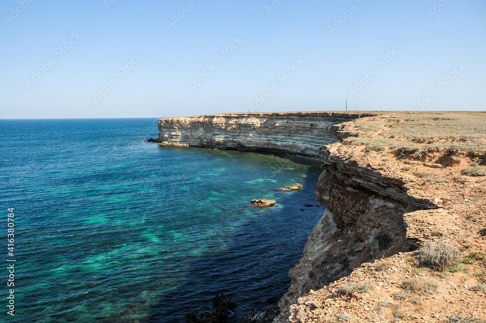 Breathtaking beautiful panorama view of wild romantic coastal cliff landscape of west Crimea