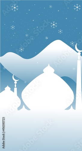 Islamic vector illustration in flat style with design mosque. Aesthetic and natural landscape background. Banner template for mobile phone screen saver theme, lock screen and wallpaper. 