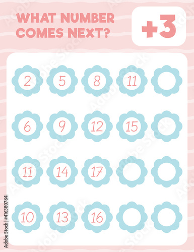 Math worksheet practice print page. What number comes next? Count and write.