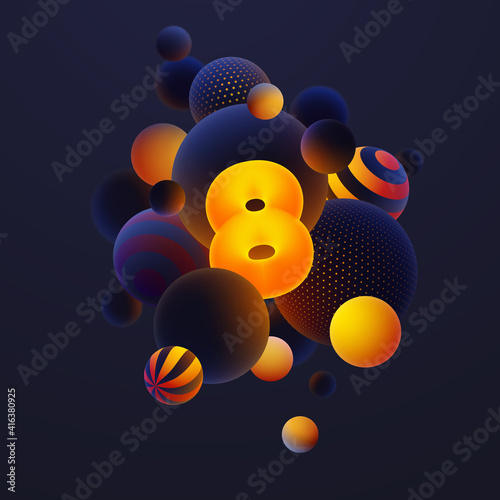 Luminescent yellow number 8, one with realistic blue balls, blured and luminous, orange balls with patterns, dots and stripes with soft touch feeling in dark background. Vector illustration. 