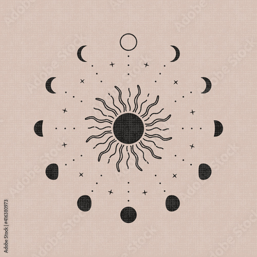 Abstract boho moon phases. Mystic contemporary sun moon symbols, bohemian magic poster decor. Vector illustration