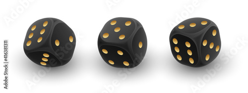 Three black dice from different sides with golden dots on white background. Concept for casino, game design. Vector illustration for card, party, flyer, poster, decor, banner, web, advertising.