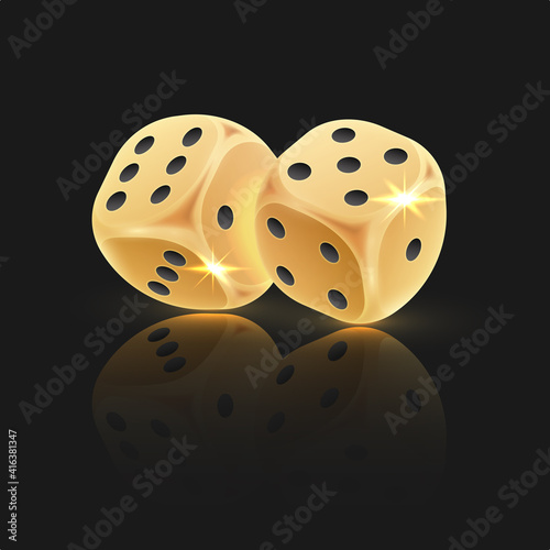 Two golden dice with black dots and reflection on black background. Concept for casino, game design. Vector illustration for card, party, flyer, poster, decor, banner, web, advertising.