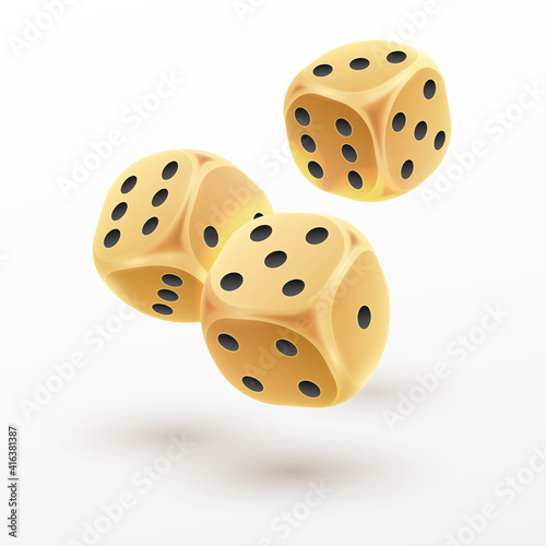 Three golden dice from different sides with black dots on white background. Concept for casino, game design. Vector illustration for card, party, flyer, poster, decor, banner, web, advertising.