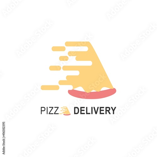 Fast pizza delivery logo for cafe packaging and restaurant service. Fast food logo with modern flat vector illustration. Pizza speed logo for Italian pizzeria with minimalistic style pizza restaurant.