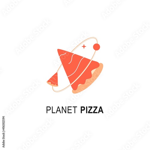 Planet pizza logo for cafe packaging and restaurant menu. Fast food logo with modern flat style vector illustration. Pizza slice logo for Italian pizzeria with minimalistic flat style pizza restaurant
