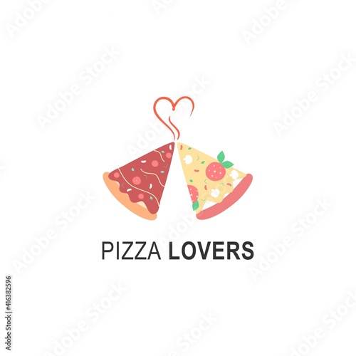 Pizza lovers logo for cafe packaging and restaurant menu. Fast food logo with modern flat style vector illustration. Pizza logo for Italian pizzeria with heart minimalistic style pizza restaurant.