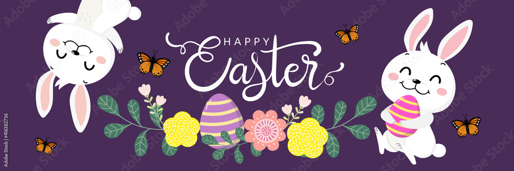 Obraz premium Happy Easter greeting card with cute white bunny and eggs. Rabbit character set. Animal wildlife holidays cartoon. -Vector.