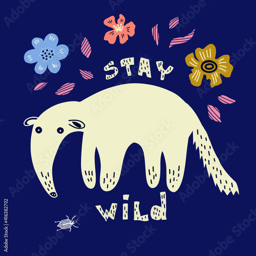 Ant-bear hand drawn flat vector illustration. Cartoon animal with hand drawn lettering and  flowers design element.
