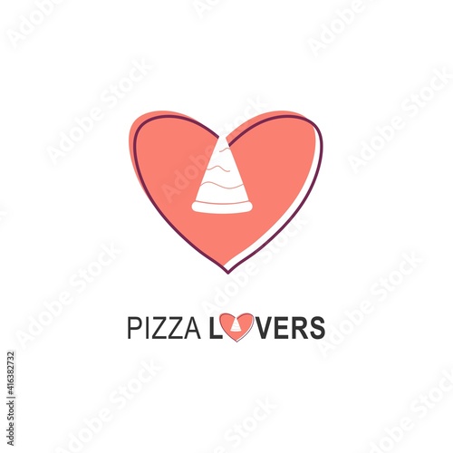 Pizza lovers logo for cafe packaging and restaurant menu. Fast food logo with modern flat style vector illustration. Pizza logo for Italian pizzeria with heart minimalistic style pizza restaurant.