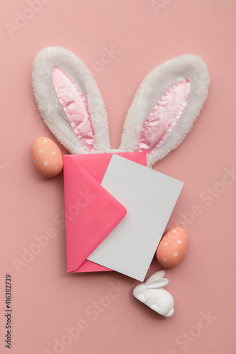 Easter blank card and envelope with fluffy easter bunny ears