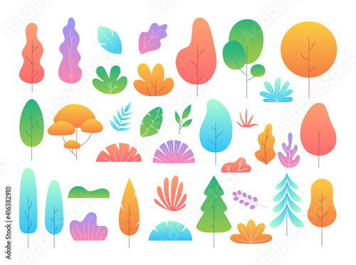 Flat minimal tree and leaves. Vector set with garden plants, branches, bushes and leaves in simple flat style. Cartoon floral collection for banner, poster, cover design, web. Trendy spring leaves