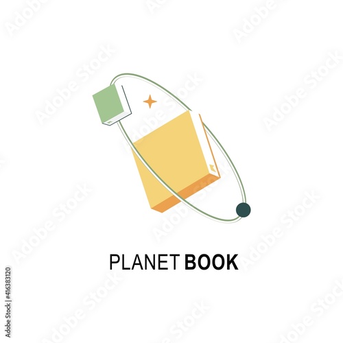 Planet book logo design template. Book icon and galaxy emblem for courses, classes and schools vector illustration. Kids education, e-book, business company, library, store and learning concept.