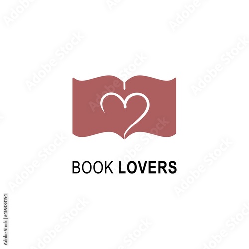 Book lovers logo design template. Book icon and heart emblem for courses, classes and schools vector illustration. Nerd, e-book, business company, library, book store and love learning concept.