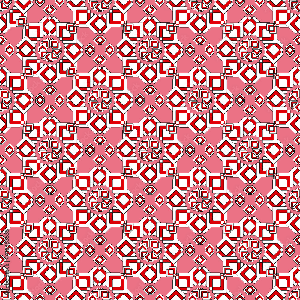 Seamless pattern in oriental style, stars from rhombuses in red and white, pink background.