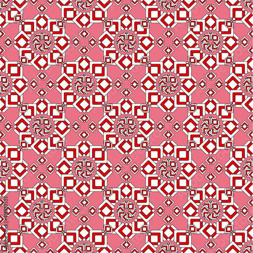 Seamless pattern in oriental style, stars from rhombuses in red and white, pink background.