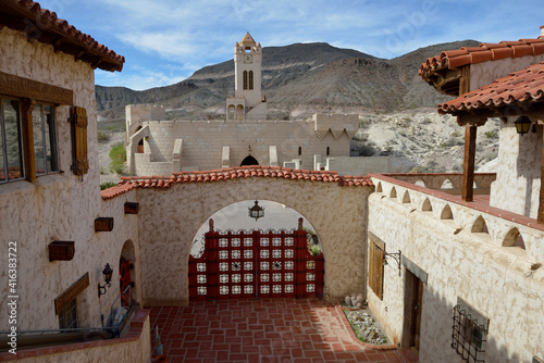 Photography Courtyard at Scotty's Castle looking towards the clock tower,  Death Valley, Cal