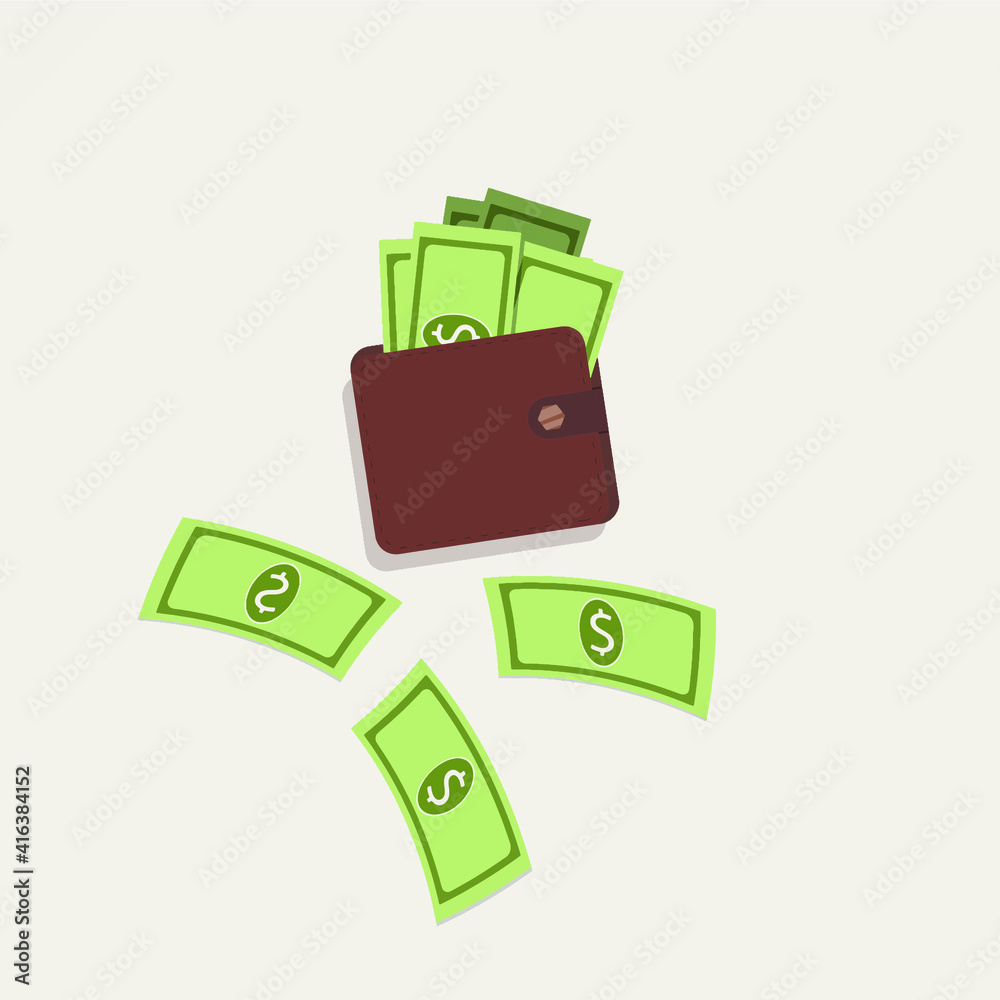 Vector illustration of money in a wallet. Vector illustration of money in a wallet.