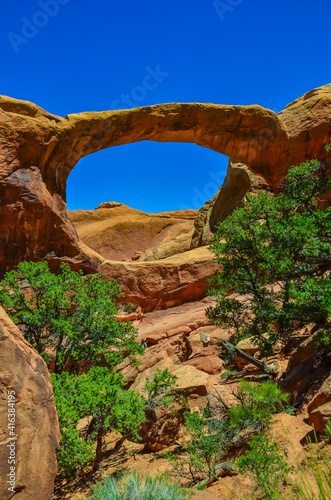 Oblique view of Double O Arch. Arches National Park, Utah, MOAB, US