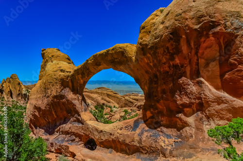 Oblique view of Double O Arch. Arches National Park, Utah, MOAB, US