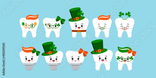 St Patrick day tooth icon set isolated. Dentist cute white teeth, crown, implant, with braces character and irish celebration signs. Flat design cartoon vector Happy paddy's day clip art illustration.