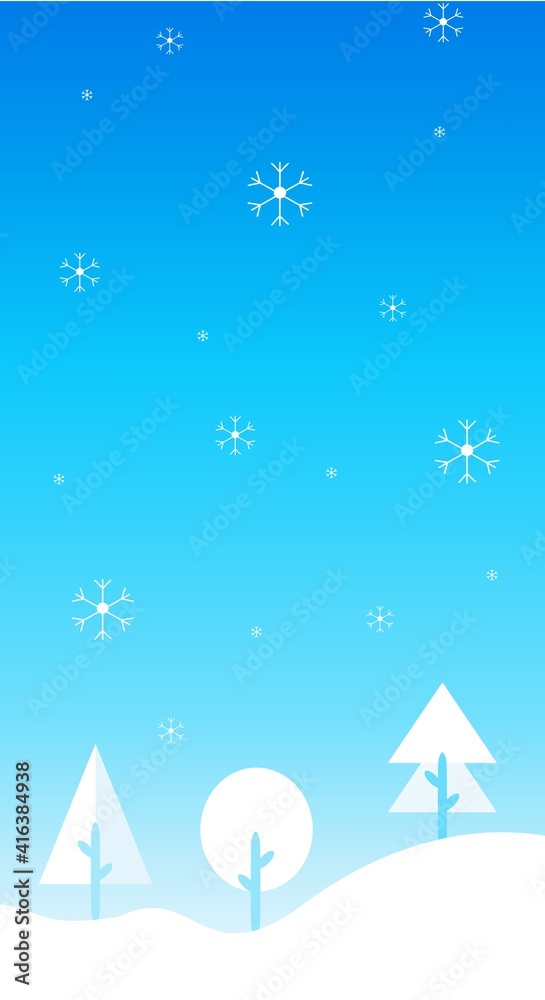 Winter landscape illustration in flat style with design snow and tree in noon view. Aesthetic winter season background. Banner template for mobile phone screen saver theme, lock screen and wallpaper.
