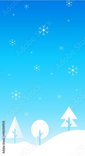 Winter landscape illustration in flat style with design snow and tree in noon view. Aesthetic winter season background. Banner template for mobile phone screen saver theme, lock screen and wallpaper. © Yaiza Canvas