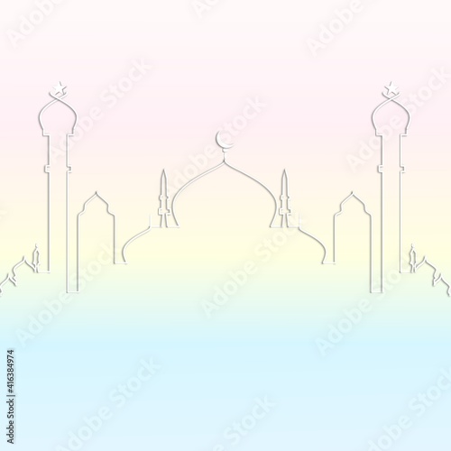 Line Mosque in abstract pastel colorful background. Islamic greetings Ramadan Kareem and Eid Mubarak card flat design UI style for Muslim community celebration. Vector illustration.