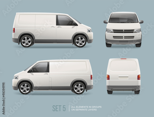 White Delivery Van vector template for Branding Mockup and Corporate identity on Transport. Realistic Front and back view Cargo Mini Van Vehicle isolated on grey background. Service City