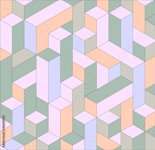 Geometric background of 3d blocks. Abstract multicolored pattern in pastel colors. Vector illustration.