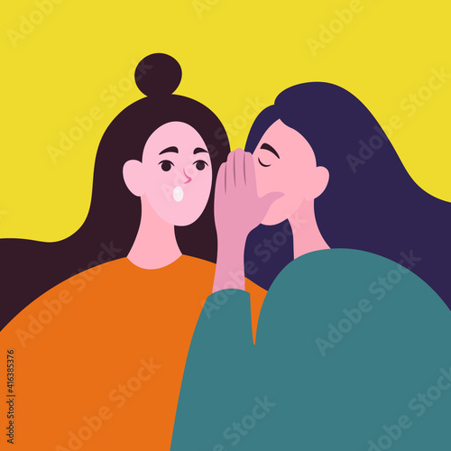 Woman whispering gossip, surprised, says rumors to other female character. Gossiping secret woman flat vector illustration. whispering in ear