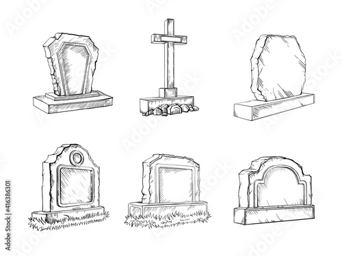 Stone tombstones sketch set gravestone illustration, drawing, engraving, ink, line art, vector