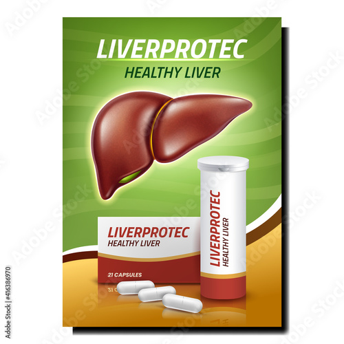 Liverp Healthy Promotion Banner Vector. Liver protect Capsules Blank Package And Container On Advertising Poster. Medicaments For Health Treatment Organ Style Concept Template Illustration