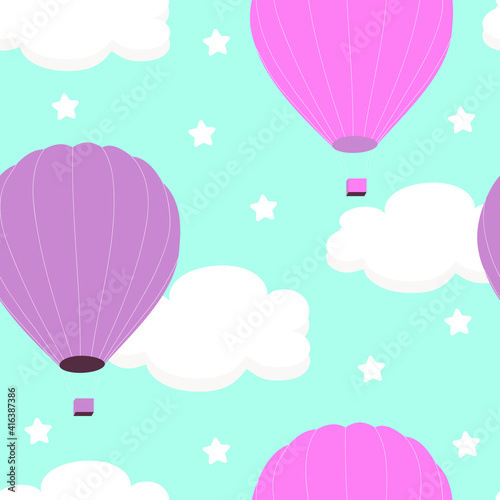 Fototapeta Naklejka Na Ścianę i Meble -  Seamless pattern with white clouds and pink balloons on a blue sky background. For printing on fabrics, textiles, paper, bedding. Vector graphics.