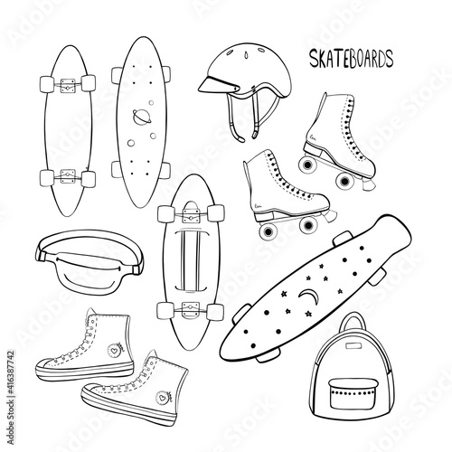 Seth drawn rollers, skateboard. Street skating elements, lifestyle doodle vector, line art 
