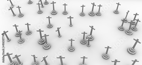 Cementerio de cruces en blanco y negro. Ataúd. Maqueta en 3D render. 