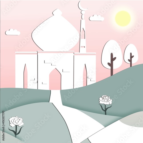 Go to Mosque in natural landscape with white paper cut out effect background. Islamic greetings Ramadan Kareem and Eid Mubarak card flat design for Muslim community celebration. Vector illustration.