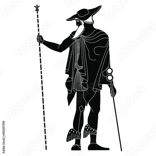 Standing ancient Greek god Hermes or Mercury in hat and winged sandals holding wand and caduceus. Black and white silhouette.