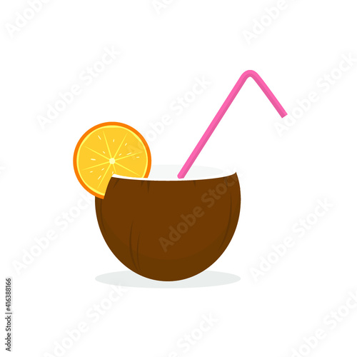 Vector illustration of summer holidays attributes on background. A coconut milk/ cocktail icon.