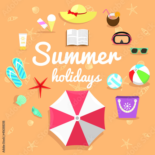 Vector illustration of summer holidays attributes on a sand colour background.