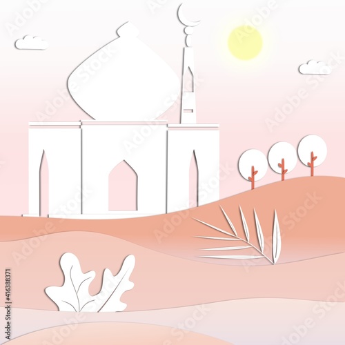 Go to Mosque in natural landscape with white paper cut out effect background. Islamic greetings Ramadan Kareem and Eid Mubarak card flat design for Muslim community celebration. Vector illustration.